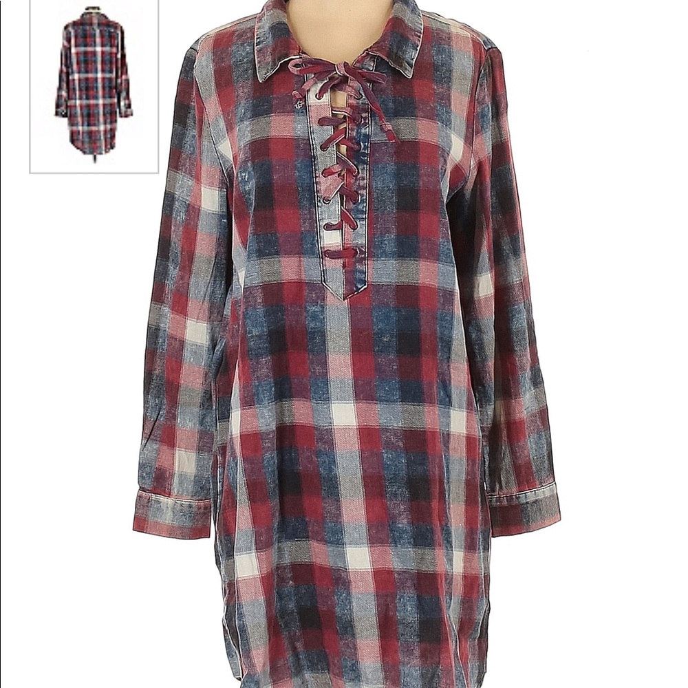 Vintage Havana Womens Long Sleeve Red Blue Plaid Drawstring Tie Shirt Dress Sz S